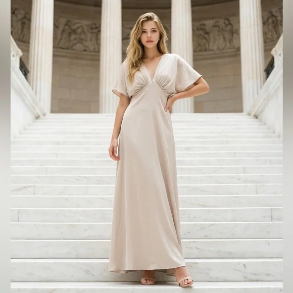 BHLDN Cream V-Neck Maxi Dress with Draped Size 2 - Picture 3 of 14